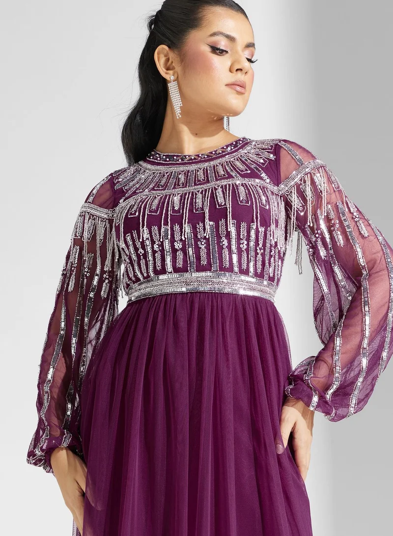 Amelia Rose Embellished Mesh Detail Dress