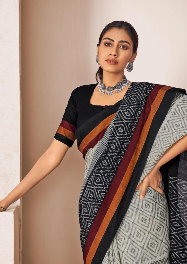 RADHA LAKSHMI Handicrafts Women's Ikat Hand Block Print Jaipuri Mul Mul Cotton Pure Saree With Blouse Piece (Barakha 07), Black - Image 2