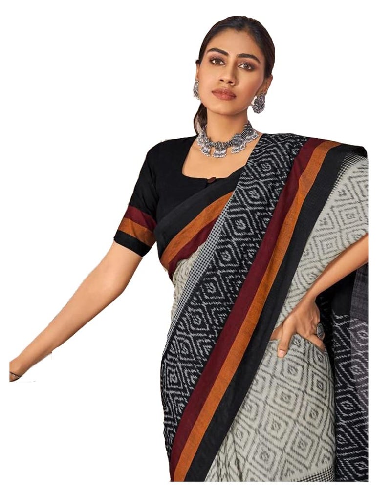 RADHA LAKSHMI Handicrafts Women's Ikat Hand Block Print Jaipuri Mul Mul Cotton Pure Saree With Blouse Piece (Barakha 07), Black - Image 1