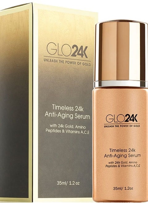 GLO24K Timeless Serum with 24k Gold, Peptides, and Vitamins A,C,E. A Powerful formula to nourish and revitalize your skin.