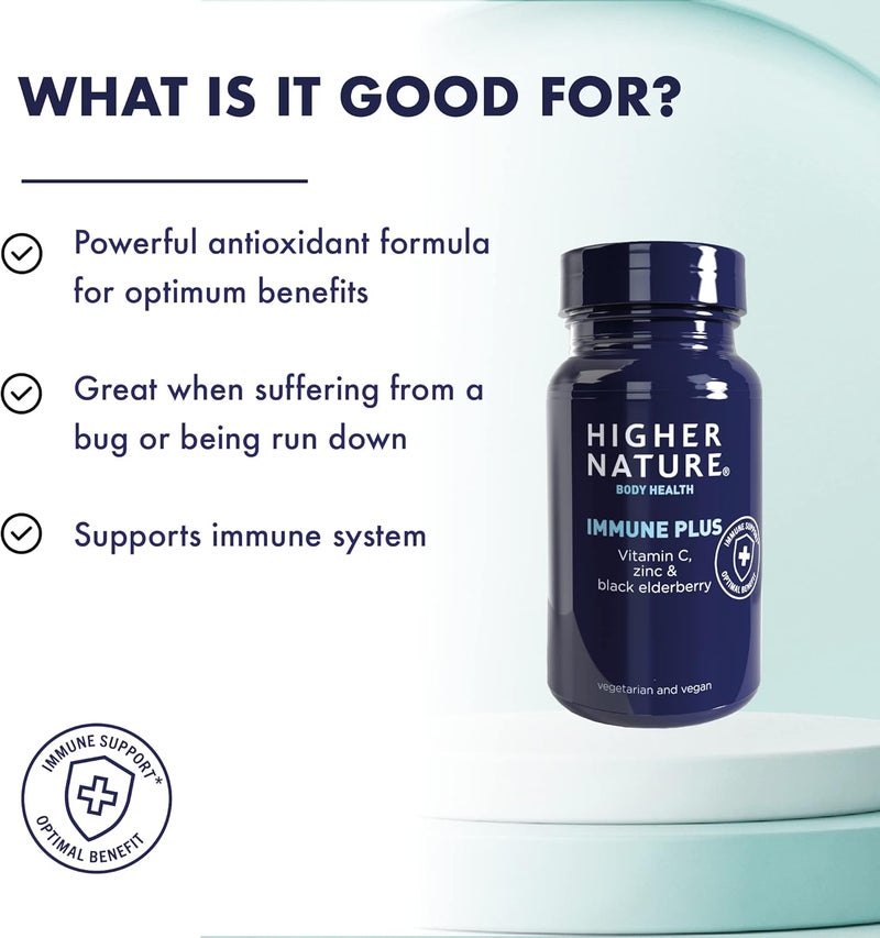 Higher Nature Immune Plus Vitamin C Zinc Black Elderberry Supports Immune System Vegetarian and Vegan Multivitamin 180 Capsules - Image 2