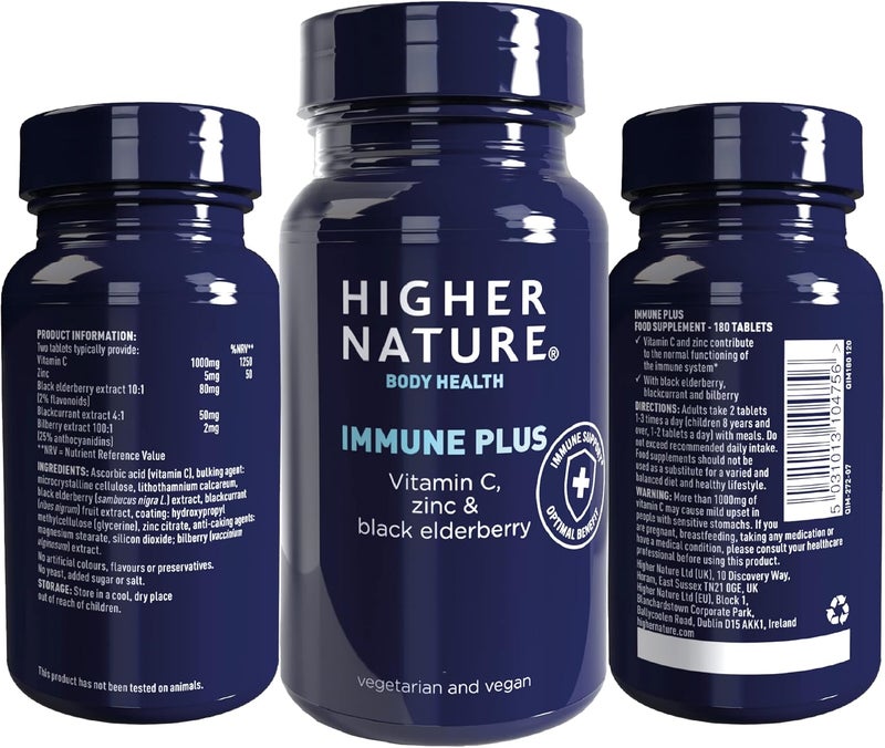 Higher Nature Immune Plus Vitamin C Zinc Black Elderberry Supports Immune System Vegetarian and Vegan Multivitamin 180 Capsules - Image 5