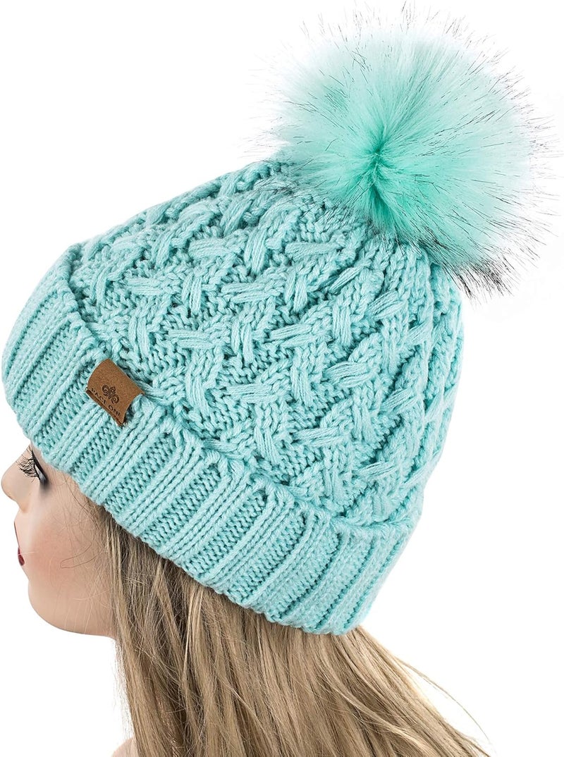 PAGE ONE Womens Winter Ribbed Beanie Crossed Cap Chunky Cable Knit Pompom Soft Warm Hat - Image 3