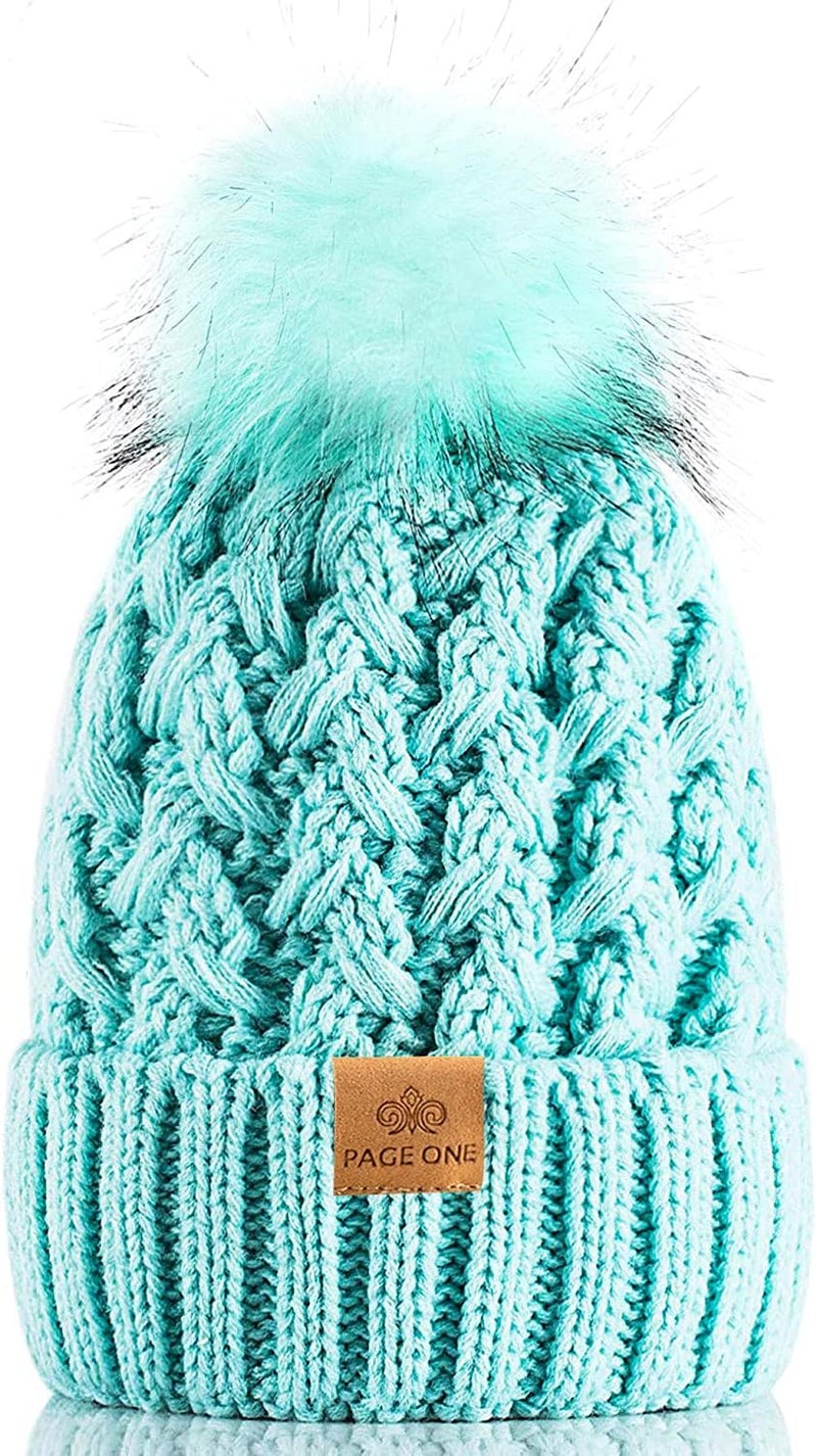 PAGE ONE Womens Winter Ribbed Beanie Crossed Cap Chunky Cable Knit Pompom Soft Warm Hat - Image 1