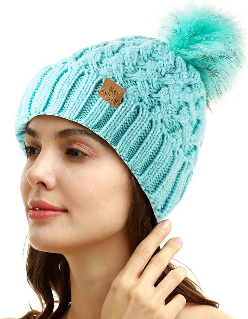 PAGE ONE Womens Winter Ribbed Beanie Crossed Cap Chunky Cable Knit Pompom Soft Warm Hat - Image 2