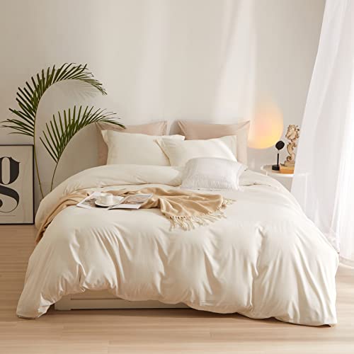AMWAN Boho 3 Pieces Queen Size Soft Washed Microfiber Cream White Duvet Cover Set with Zipper Closure - Off White 90”x90” Comforter Cover, 2 Pillowcases - Image 1