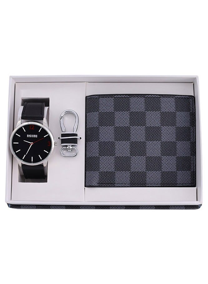 ANDIAMO Men's Analog Metal Case Black Dial Black Leather Strap, Leather Wallet, Key Chain 