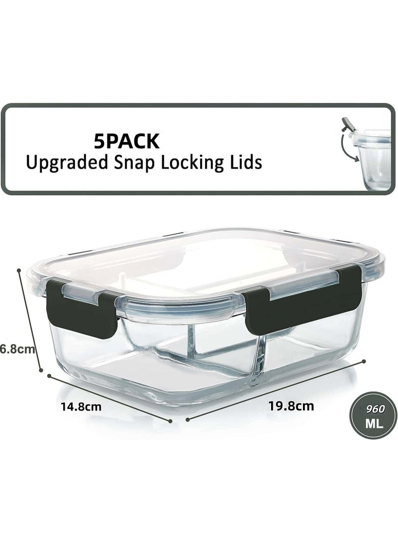 Anmi 5 Pack 960ml Glass Food Containers with Lids, Food Prep Lunch Box Microwave, Freezer and Dishwasher  (3 Compartments) - Image 2