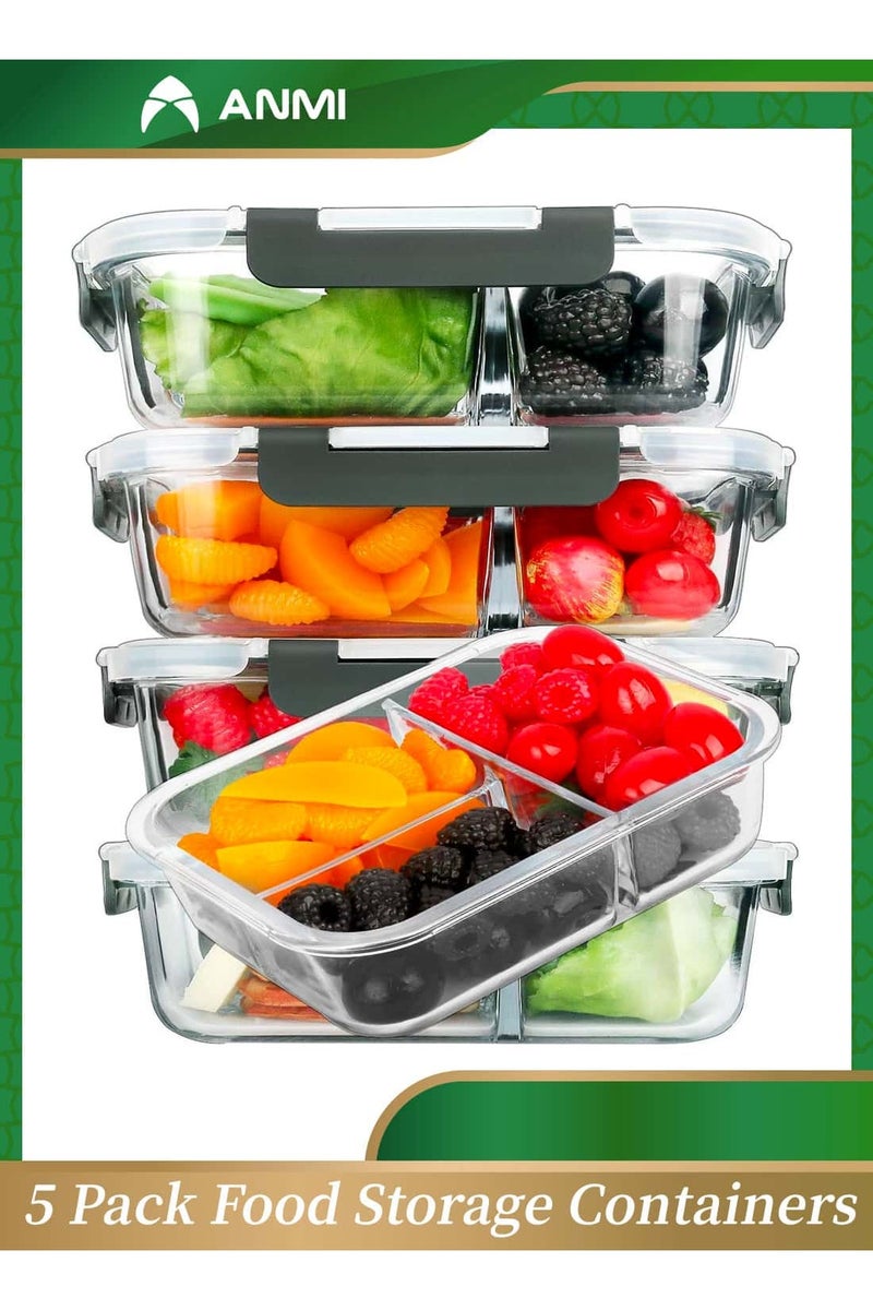 Anmi 5 Pack 960ml Glass Food Containers with Lids, Food Prep Lunch Box Microwave, Freezer and Dishwasher  (3 Compartments) - Image 1