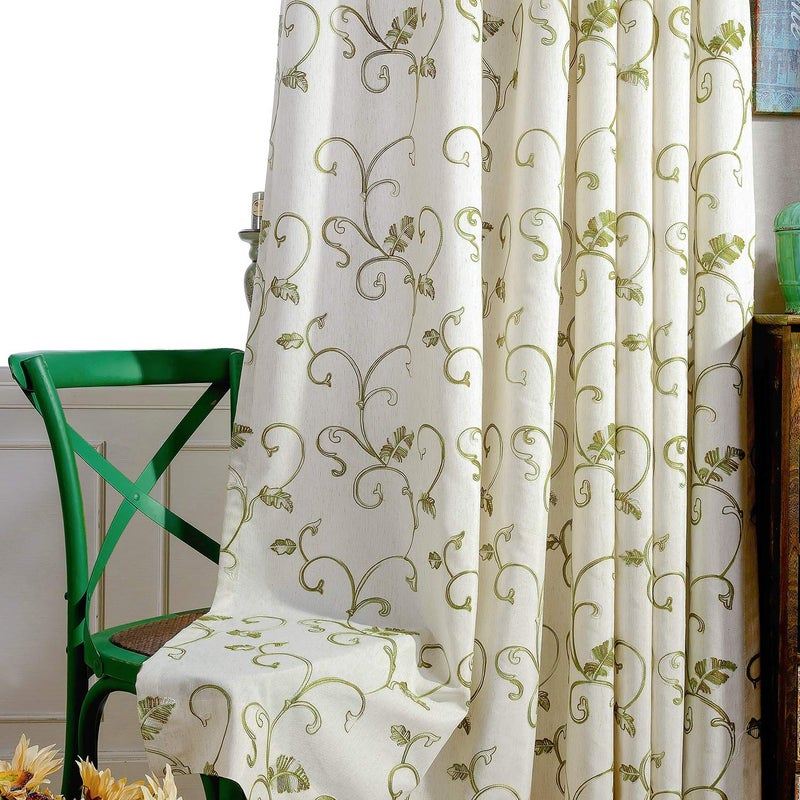 VOGOL 2 Panels Vines Embroidered Faux Linen Grommet Curtains for Living RoomEnergy Efficient Window Treatment Panels60 x 106 Inch Grass Green - Image 1