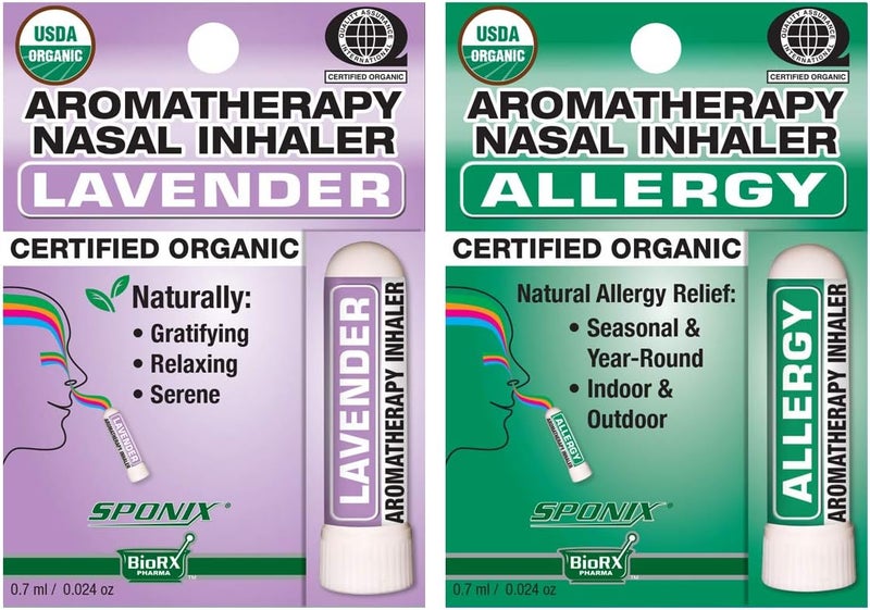 SPONIX Aromatherapy Nasal Inhaler Set Organic Essential Oil - Lavender and Allergy - 0.7 mL by Sponix 