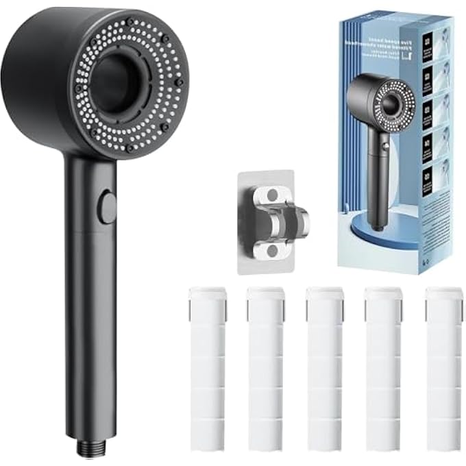 Handheld Shower Head  5 Fliters Purifying Water  Water Saving Shower Filter Suitable for Home Bathroom  Sensitive Skin Reduces Hair Loss RainSpa Mode Black - Image 1