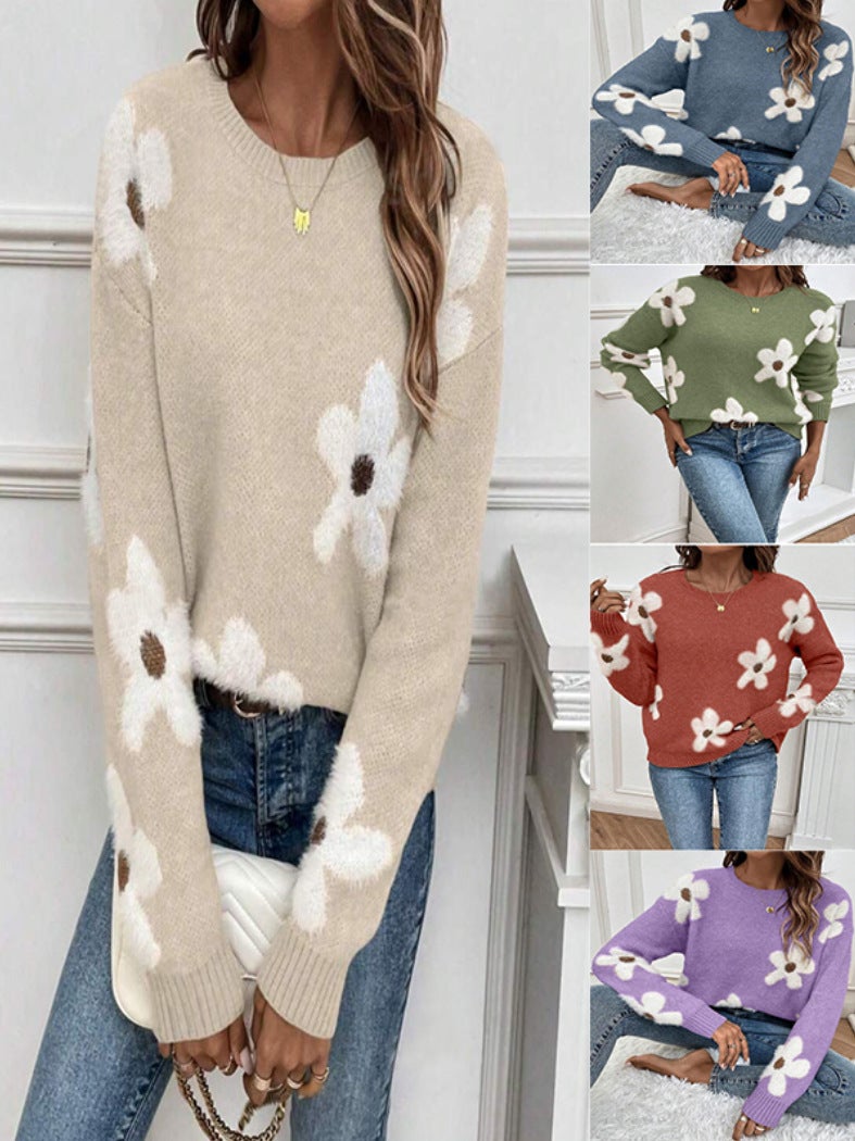 Cross-Border Pullover Round Neck Long-Sleeved Sweater with Floral Jacquard Solid Color Knit Top, Simple and Versatile Design - Image 2