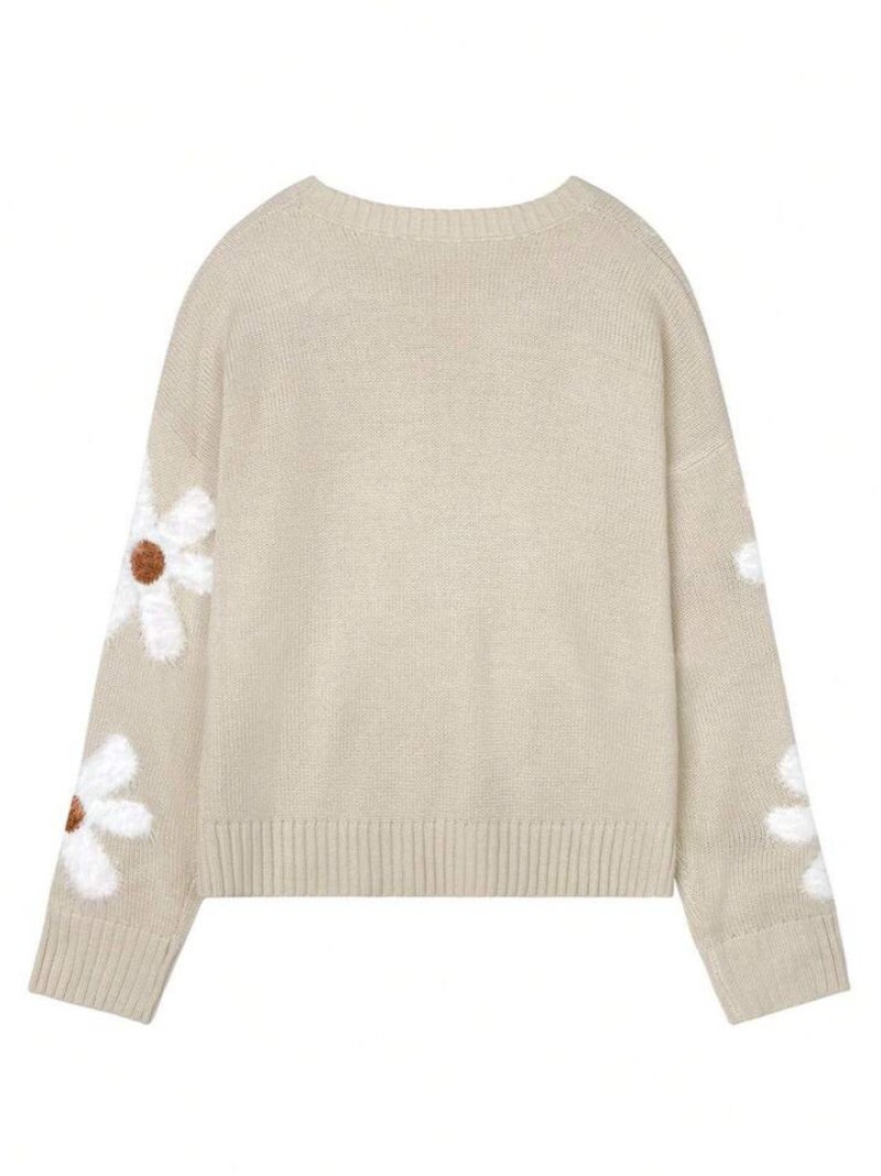 Cross-Border Pullover Round Neck Long-Sleeved Sweater with Floral Jacquard Solid Color Knit Top, Simple and Versatile Design - Image 3