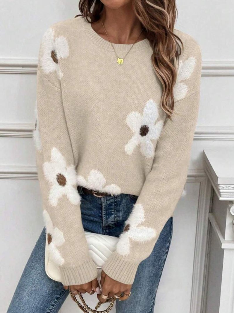 Cross-Border Pullover Round Neck Long-Sleeved Sweater with Floral Jacquard Solid Color Knit Top, Simple and Versatile Design - Image 4
