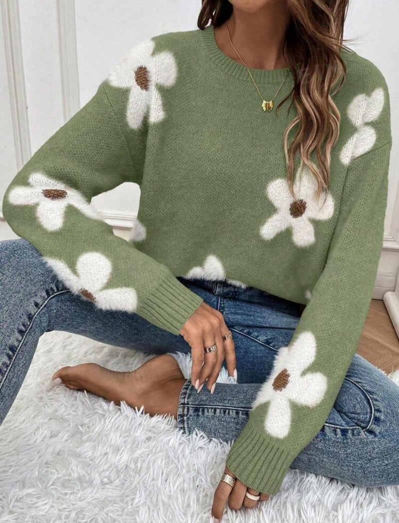 Cross-Border Pullover Round Neck Long-Sleeved Sweater with Floral Jacquard Solid Color Knit Top, Simple and Versatile Design - Image 1