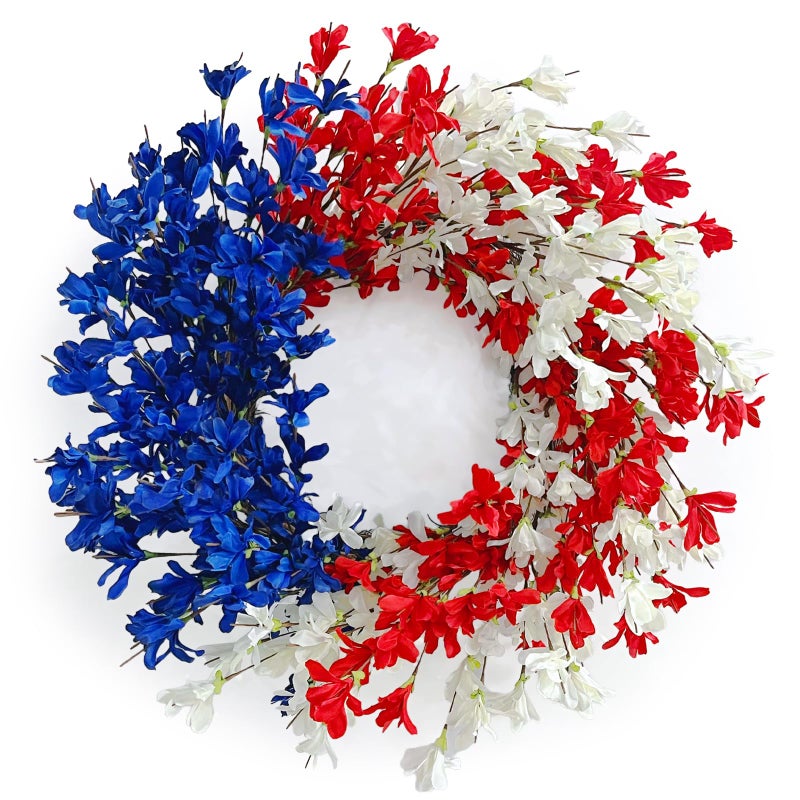 Huashen 24 Inch Patriotic Wreath Summer Front Door Wreath 4th of July Forsythia Door Decor Memorial Day Americana Forsythia Flower Farmhouse Grapevine Blossom Cluster Dcor 
