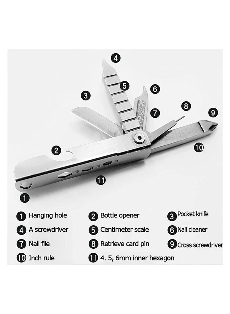 Generic Keychain Multitool Multi Function Repair Tool 11 In 1 Purpose with Screwdriver Nail File Bottle Opener Wrench Ruler Card Pin Mobile Phone Holder Silver - Image 5