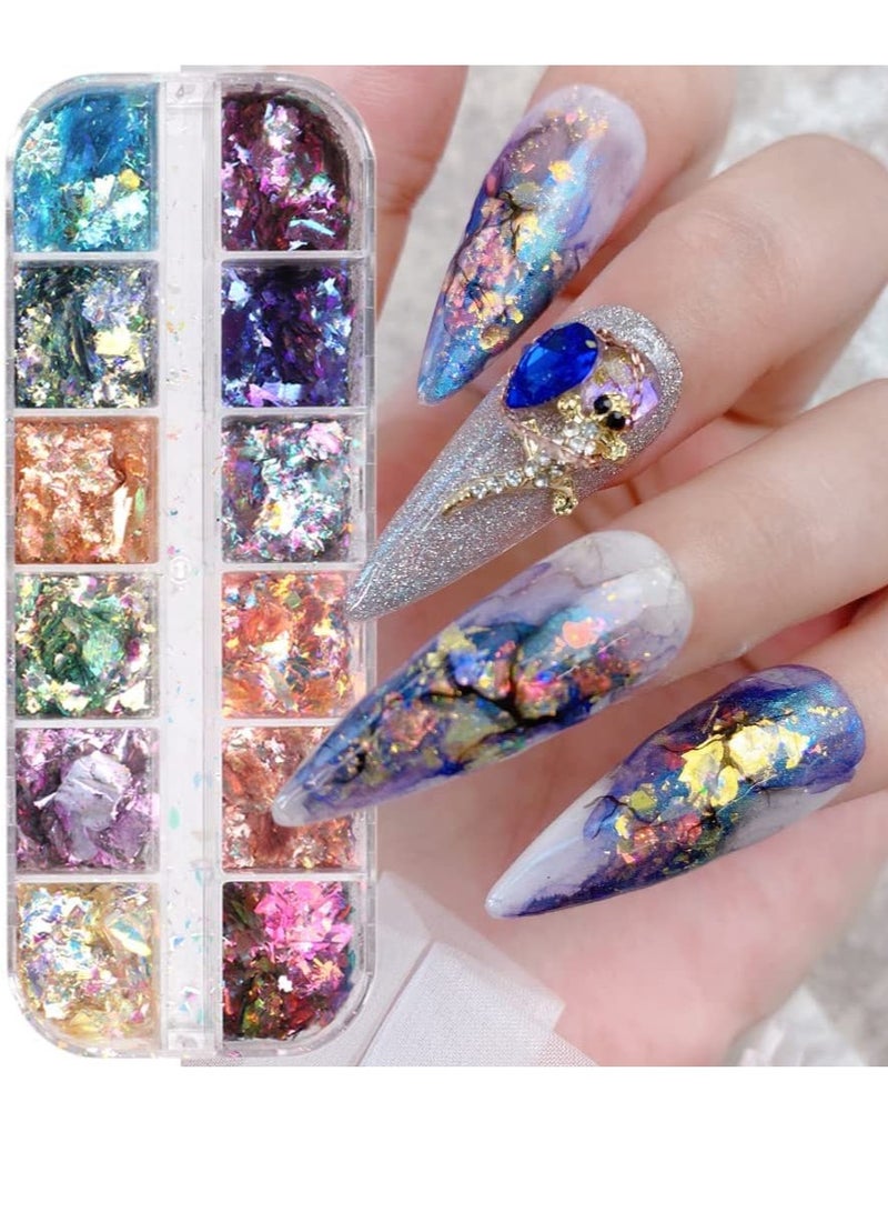 Holographic Mermaid Nail Art Glitter Flakes - 12 Grids of Colorful Shiny Sequins for Stunning Nail Designs and Creative Decoration Accessories. Perfect for Nail Art Enthusiasts! - Image 1
