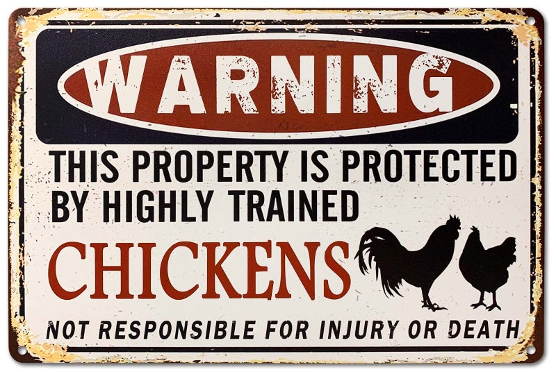 Bestylez Funny Chicken Coop Sign - "Warning: Property Protected by Chickens" Decorative Metal Sign for Farm, Home, or Garden 12" * 8" (219) - Image 1