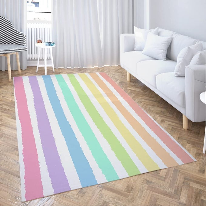 NONSLIP AREA RUGS WATERCOLOR PASTEL BRUSH STROKES STRIPED BLUE RAINBOW PATTERN ABSTRACT HOME DECOR RUGS CARPET FOR CLASSROOM LIVING ROOM BEDROOM DINING KINDERGARTEN ROOM 5X7