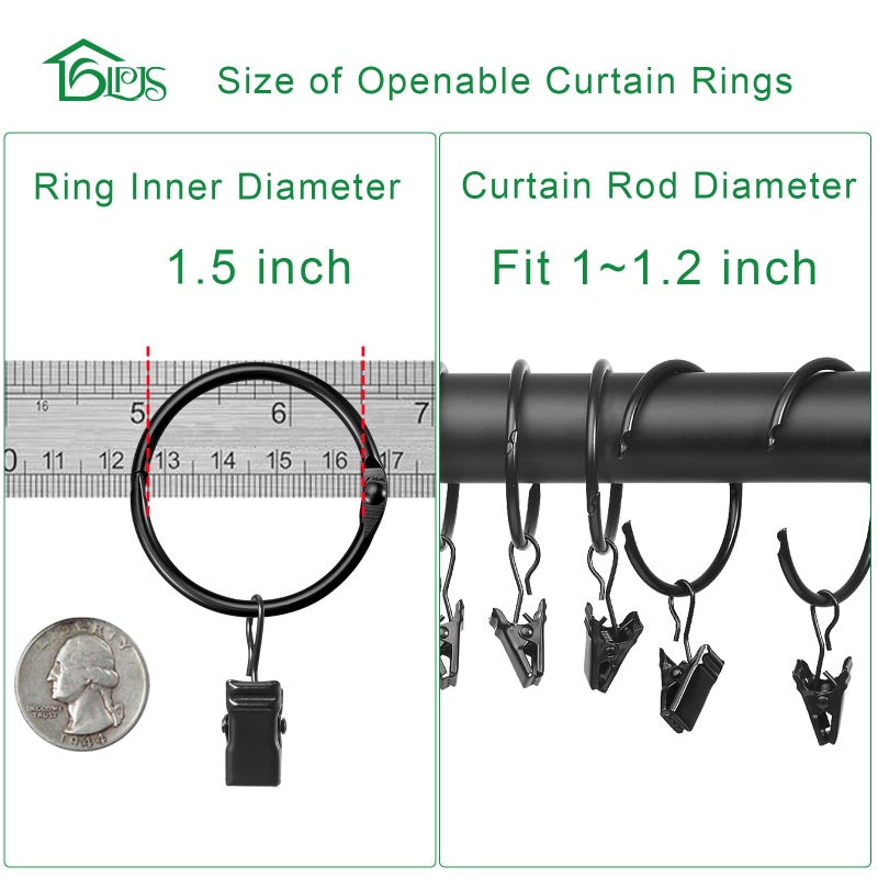 LLPJS Openable Curtain Rings with Clips, Open Drapery Rings with Hooks, Curtain Clips 1.5 inch Interior Diameter, Fit up to 1.2" Curtain Rod (Black, 1.5" I D Set of 32) - Image 3