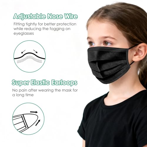 NNPCBT Kids Face Mask Disposable Black 100 PCS 3 Ply Children Boys Girls Face Masks with Earloops - Image 2