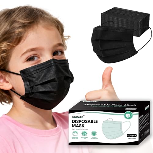 NNPCBT Kids Face Mask Disposable Black 100 PCS 3 Ply Children Boys Girls Face Masks with Earloops - Image 1