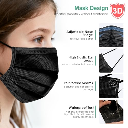 NNPCBT Kids Face Mask Disposable Black 100 PCS 3 Ply Children Boys Girls Face Masks with Earloops - Image 4