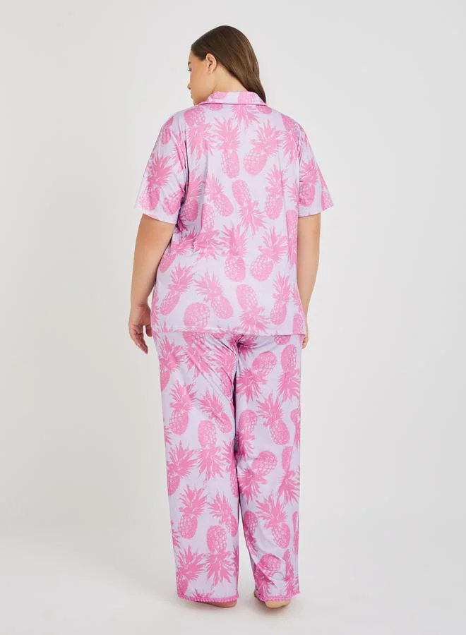 Styli Styli Plus Size All-Over Pineapple Print Pompom Pocket Shirt and Pyjama Set