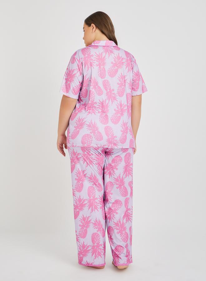 Styli Styli Plus Size All-Over Pineapple Print Pompom Pocket Shirt and Pyjama Set  - Image 5