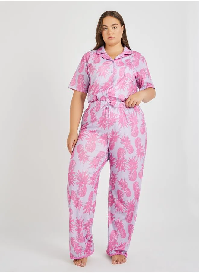 Styli Styli Plus Size All-Over Pineapple Print Pompom Pocket Shirt and Pyjama Set