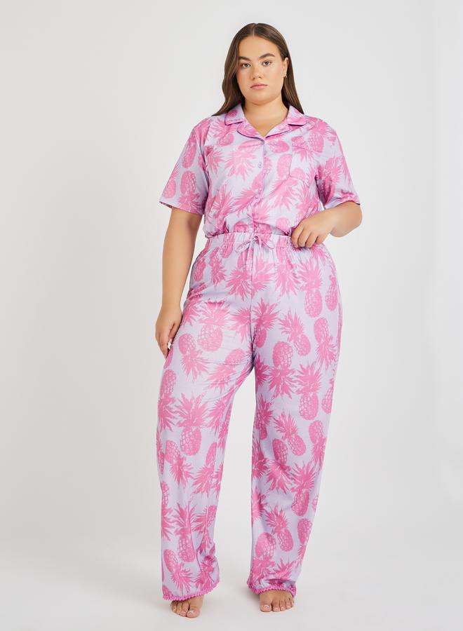 Styli Styli Plus Size All-Over Pineapple Print Pompom Pocket Shirt and Pyjama Set  - Image 2