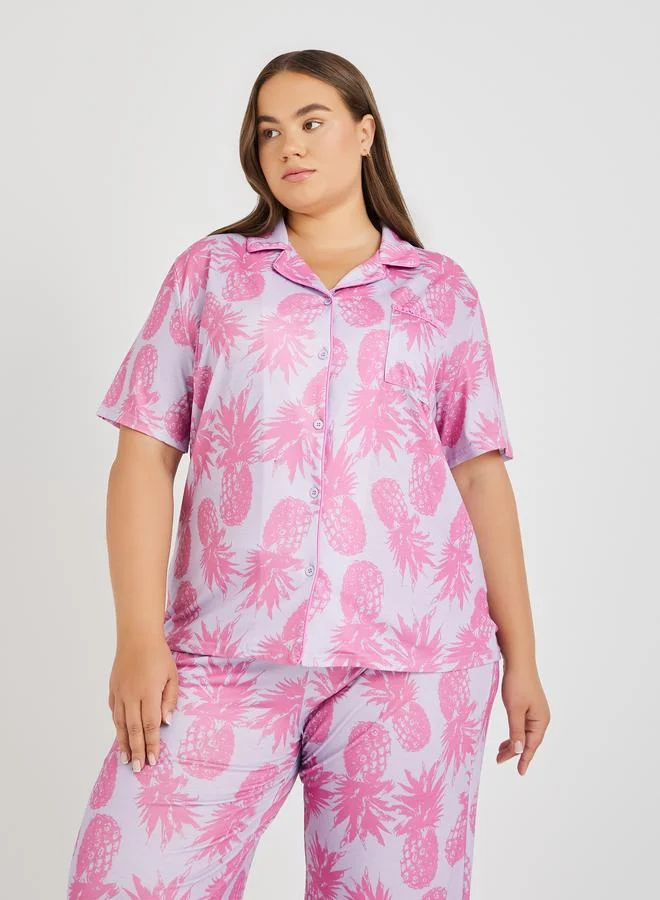Styli Styli Plus Size All-Over Pineapple Print Pompom Pocket Shirt and Pyjama Set