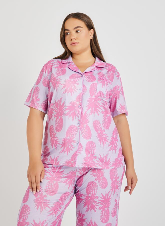 Styli Styli Plus Size All-Over Pineapple Print Pompom Pocket Shirt and Pyjama Set  - Image 3