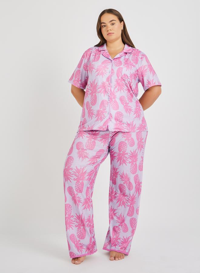 Styli Styli Plus Size All-Over Pineapple Print Pompom Pocket Shirt and Pyjama Set  - Image 1
