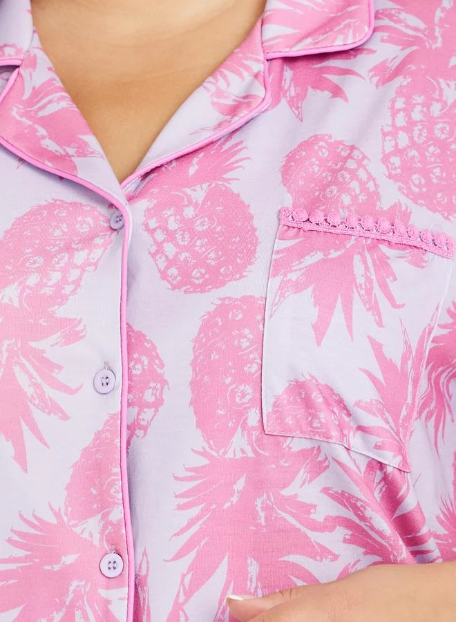 Styli Styli Plus Size All-Over Pineapple Print Pompom Pocket Shirt and Pyjama Set