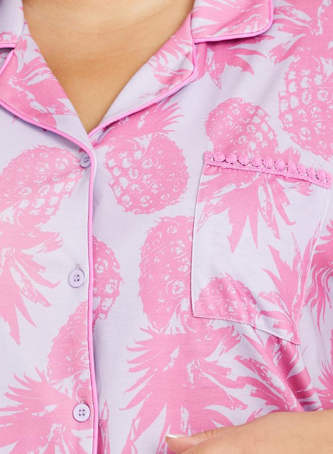 Styli Styli Plus Size All-Over Pineapple Print Pompom Pocket Shirt and Pyjama Set  - Image 4