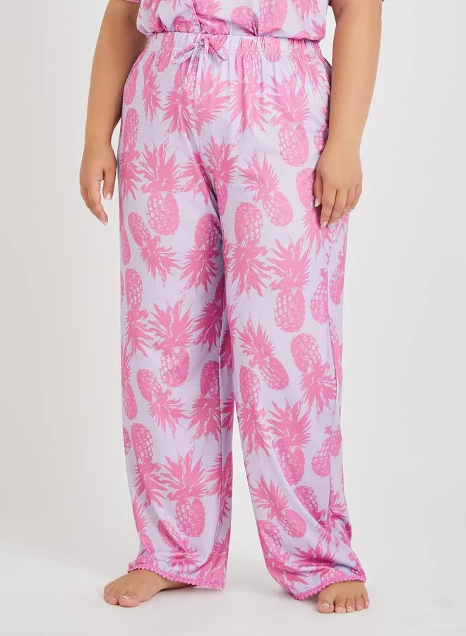 Styli Styli Plus Size All-Over Pineapple Print Pompom Pocket Shirt and Pyjama Set