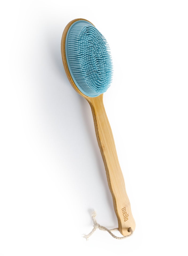 mella Pure Silicone Body Exfoliation Brush 2-in-1 with Long Wooden Handle Blue for Daily Use Skincare Bath Shower Spa Gift - Image 1