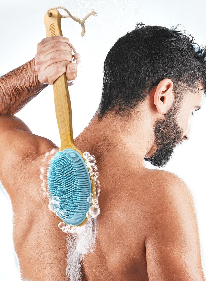 mella Pure Silicone Body Exfoliation Brush 2-in-1 with Long Wooden Handle Blue for Daily Use Skincare Bath Shower Spa Gift - Image 5