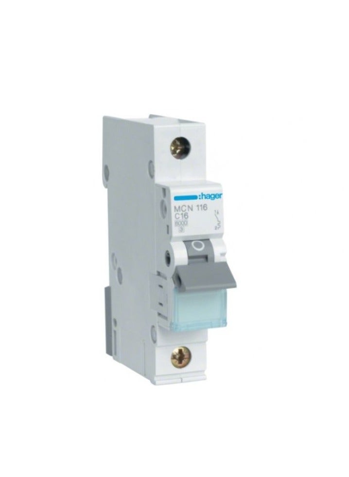 Hager Circuit Breaker, MCN116 240-415VAC Curve Type C 1 Pole 6kA 16A Made In France