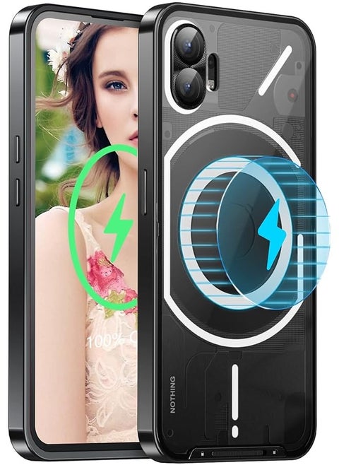 Case for Nothing Phone 1, Compatible with Wireless Char-ger Full Body Protection Case Magnetic Attraction Metal Bumper+Matte Clear PC Back Cover for Nothing Phone 1 (Nothing Phone 1, Black)