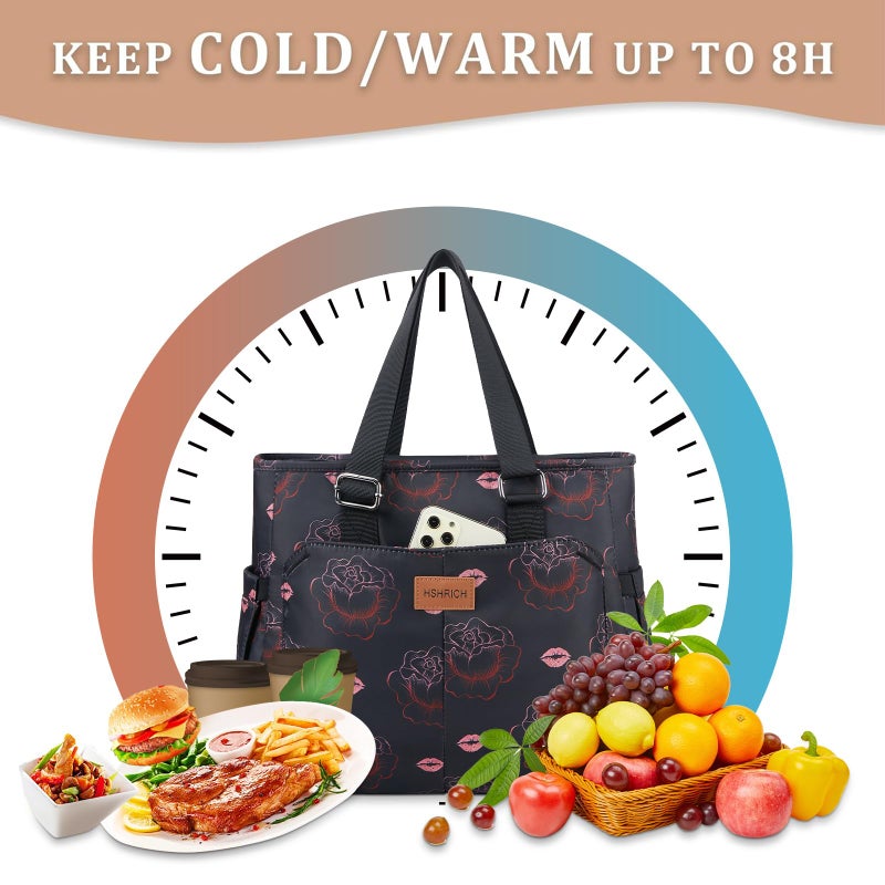 HSHRICH Large Women Lunch Bags for Work/Insulated Adult Lunch Box for Women/Leakproof Cooler Lunch Tote Bag with Storage Pocket. Reusable Lunch Cooler Purse for Work Picnic Hiking 14L,Black Rose - Image 4