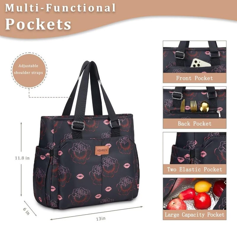 HSHRICH Large Women Lunch Bags for Work/Insulated Adult Lunch Box for Women/Leakproof Cooler Lunch Tote Bag with Storage Pocket. Reusable Lunch Cooler Purse for Work Picnic Hiking 14L,Black Rose - Image 2
