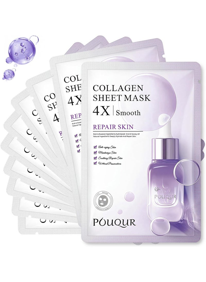 POUQUR 10 PCS Korean Face Masks, Collagen Mask for 4X Smoother & Brighter Skin, Deep Hydrating & Moisturizing, Skin Repair, Firming & Anti-Wrinkle Facial Sheet Mask - Image 1