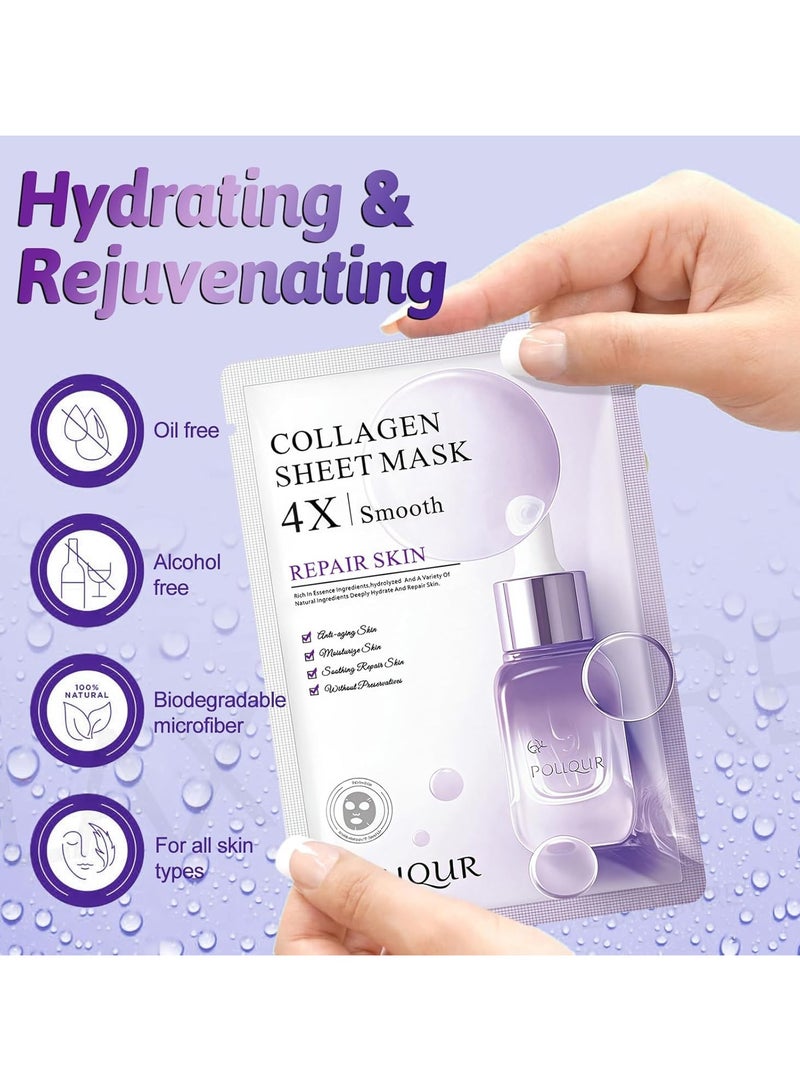 POUQUR 10 PCS Korean Face Masks, Collagen Mask for 4X Smoother & Brighter Skin, Deep Hydrating & Moisturizing, Skin Repair, Firming & Anti-Wrinkle Facial Sheet Mask - Image 2