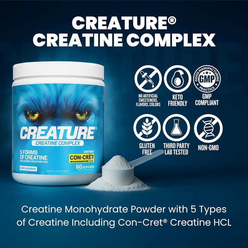 CREATURE Creatine Complex  Creatine Monohydrate Powder with 5 Types of Creatine Including ConCrt Creatine HCL Promotes Muscle Strength Endurance Brain Health Unflavored 300g 60 Servings - Image 2