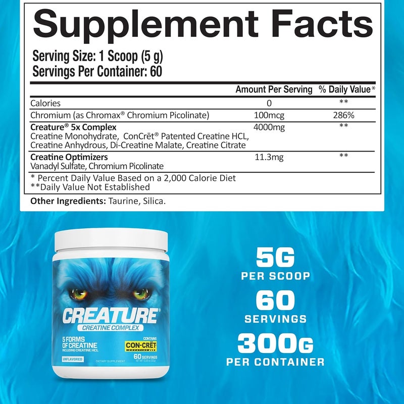 CREATURE Creatine Complex  Creatine Monohydrate Powder with 5 Types of Creatine Including ConCrt Creatine HCL Promotes Muscle Strength Endurance Brain Health Unflavored 300g 60 Servings - Image 4