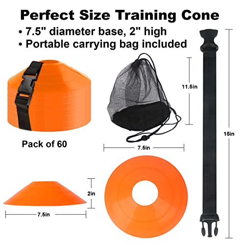 DUNCHATY 60-Pack Soccer Cones - Agility Flat Disc Cones with Carry Bag & Strap - Small Training Field Markers for Football Basketball Lacrosse - Indoor/Outdoor Sport Drills - Image 3
